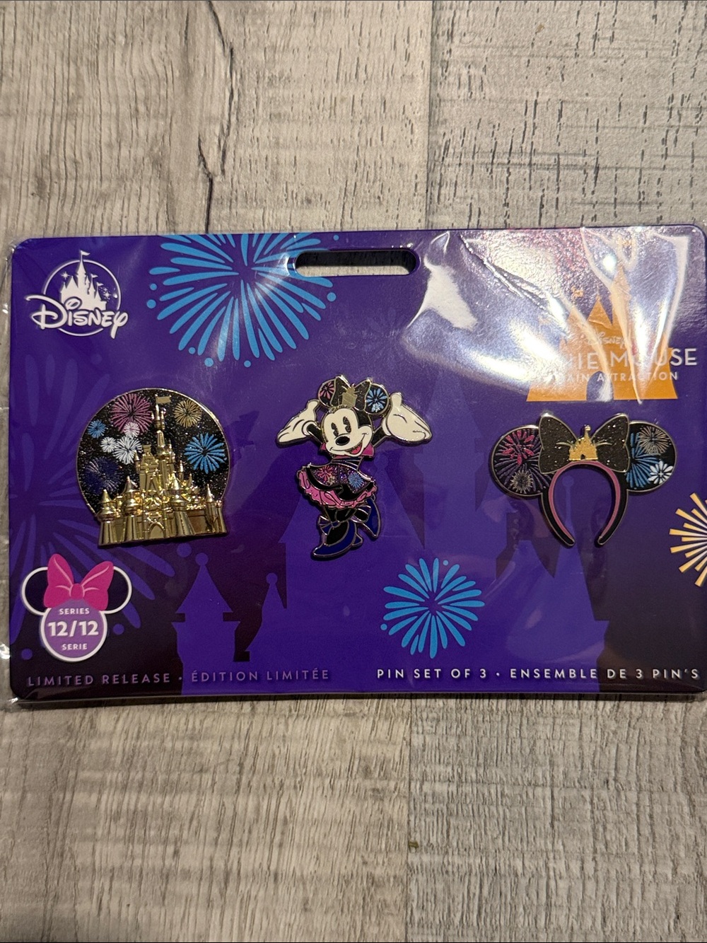 Disney Purple Minnie Mouse Pin Set with Gold Castle and Ear Headband Accents